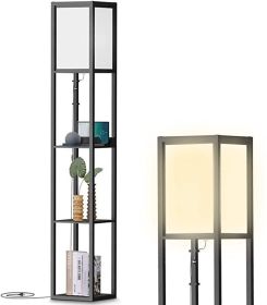 Floor Lamp with Shelves; Modern Tall Lamps with Charging Station-2 USB Ports& 1 Power Outlet - Lamps for Living Room; Bedrooms& Office-Black